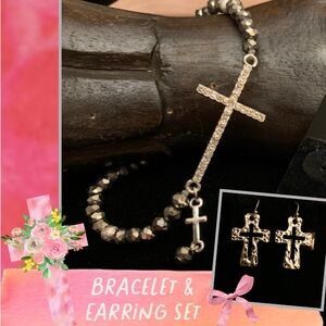 Silver Cross Bracelet and Earring Set